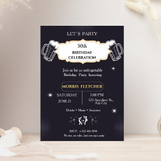 Convite Fun Retro Black and Gold Men