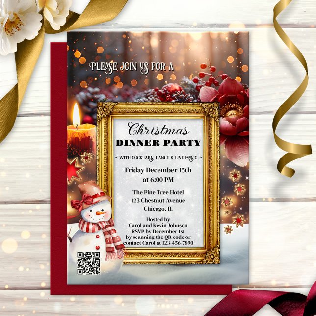 Convite Fun Retro Chic Christmas Party (Fun whimsical Christmas dinner party invitation featuring seasonal illustrations)