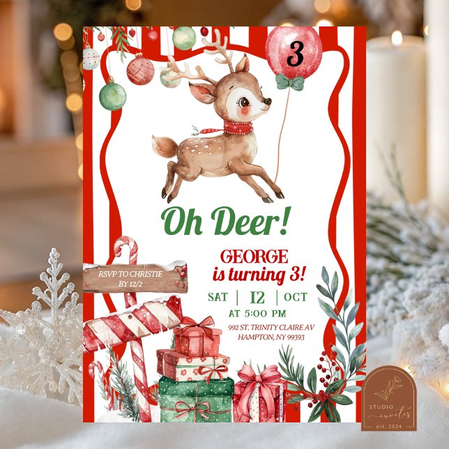 Convite Fun Retro Christmas Deer Birthday Invitation (Criador carregado)
