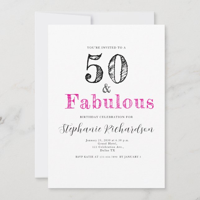 Convite Fun Script Fifty and Fabulous 50th Birthday Party (Frente)