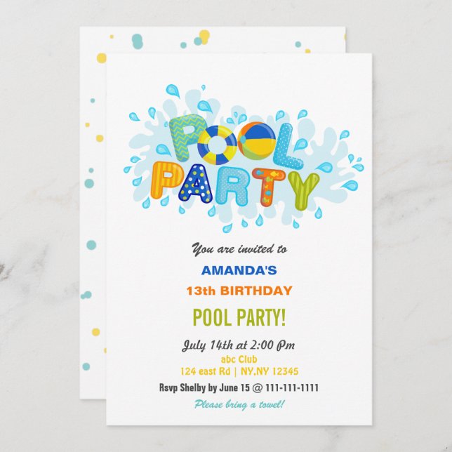Convite Fun Summer Swimming Pool Party Birthday  (Frente/Verso)