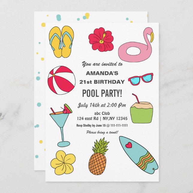 Convite Fun Summer Swimming Pool Party Birthday  (Frente/Verso)