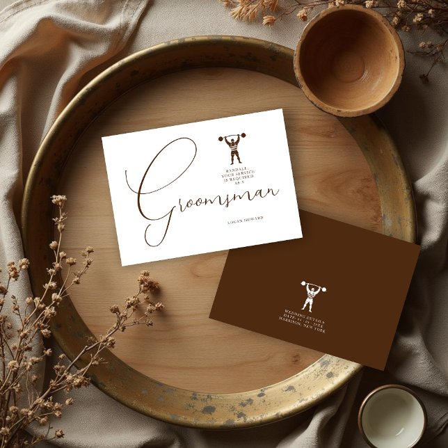 Convite Fun Vintage Strongman Brown Groomsman Wedding  (Fun Vintage Strongman Brown Groomsman Wedding Simple Proposal Card. )