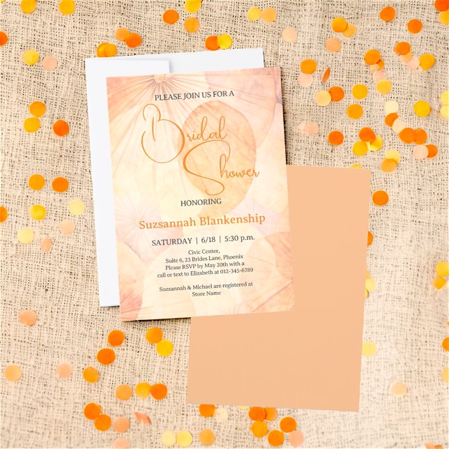 Convite Fundo Abstrato Laranja Pastel Churrasco de Noiva  (front and back view of bridal shower invitation design)