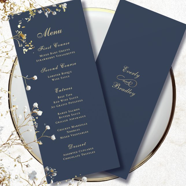 Convite Fundo Azul Marinho Mínimo Menu de Roteiro Dourado (Criador carregado)