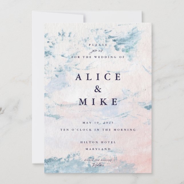 Convite Fundo de abstrato Blush e Sky Blue Watercolor (Frente)