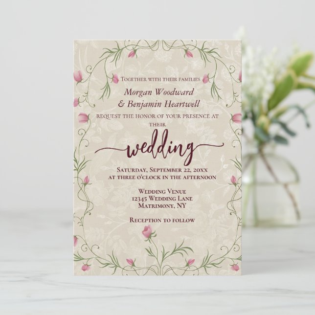 Convite Fundo de acento floral pastel minimalista (Em pé/Frente)