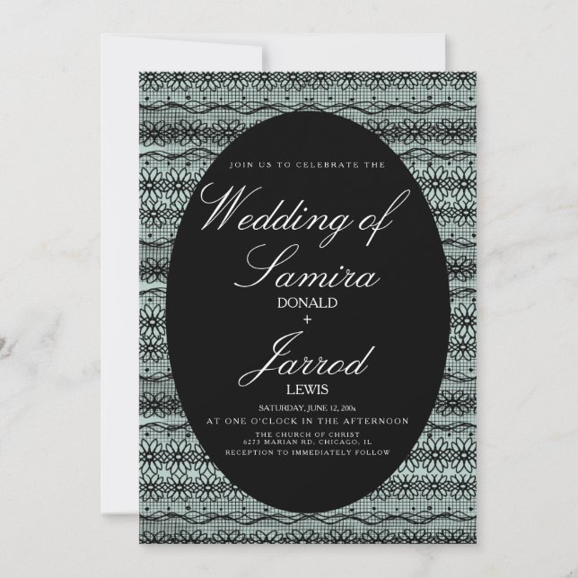 Convite Fundo de casamento de renda preta desenhada à mão  (Frente)