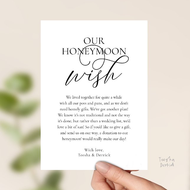 Convite Fundo de Desejo de Lua de Mel Elegante Incluso (Elegant Script Honeymoon Wish Cash Fund Enclosed Invitation Card and Black and White)