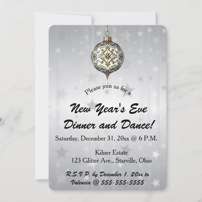 Convite Fundo de Estrelas de Ornamento Preto e Branco Edit (Frente)