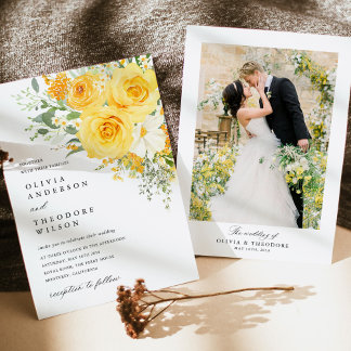 Convite Fundo de Foto de Casamento com Rosa Floral Amarela