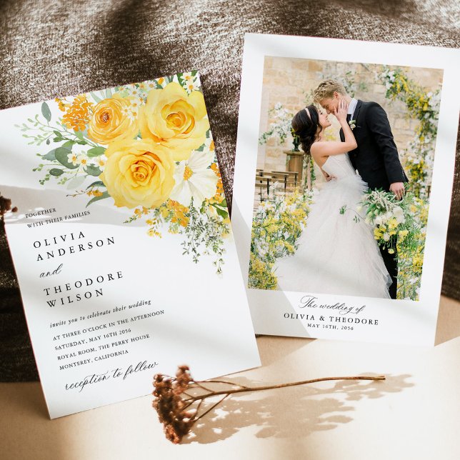 Convite Fundo de Foto de Casamento com Rosa Floral Amarela (Yellow floral rose wedding invitation with photo back, watercolor yellow rose wedding stationery)