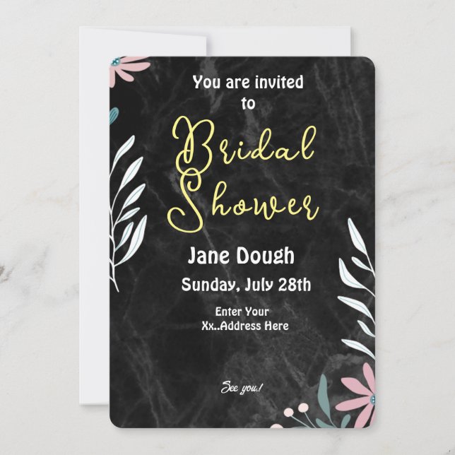 Convite Fundo de Mármore Preto Chuveiro de Noiva Minimalis (Frente)