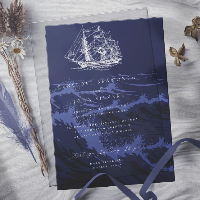 Convite Fundo de Ondas Azul-Marinho Navais para Casamento (Nautical Dark Blue Waves Background Wedding Invitation)