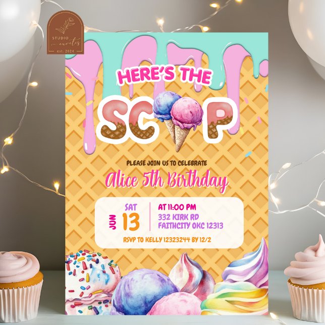 Convite Fundo de Waffle com Sorvete Rosa Pingando Aniversá (Criador carregado)