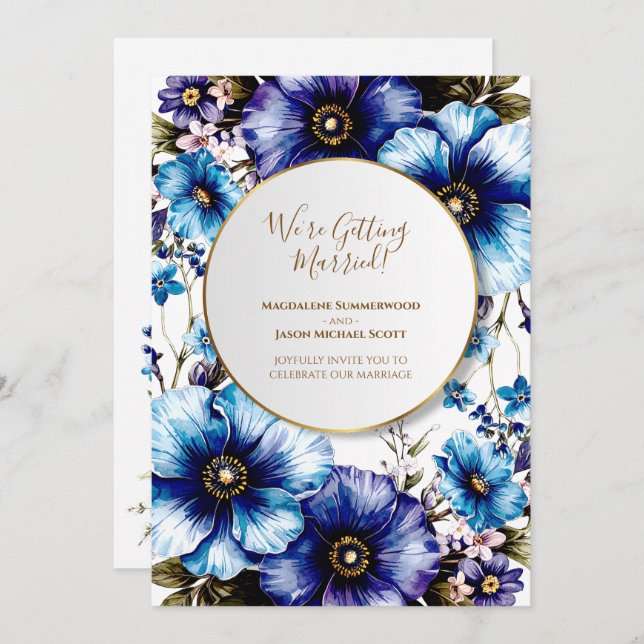 Convite Fundo Floral Puro e Azul do Quadro do Círculo Dour (Frente/Verso)