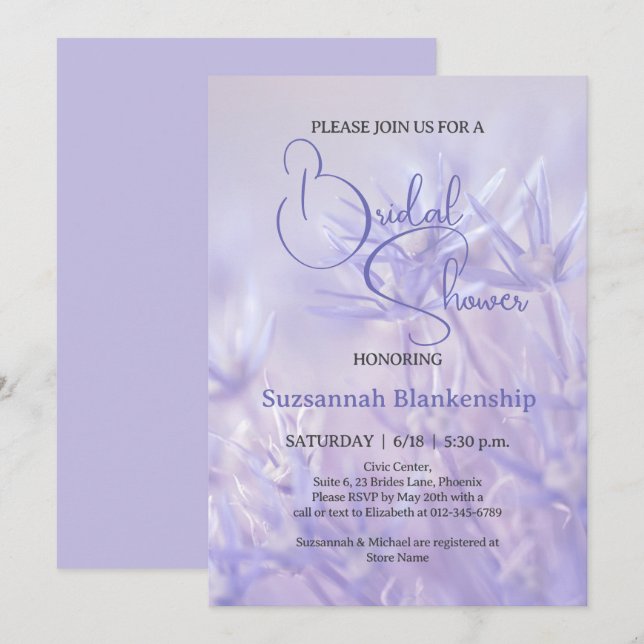 Convite Fundo Floral Violeta Periwinkle Chá de Noiva  (Frente/Verso)