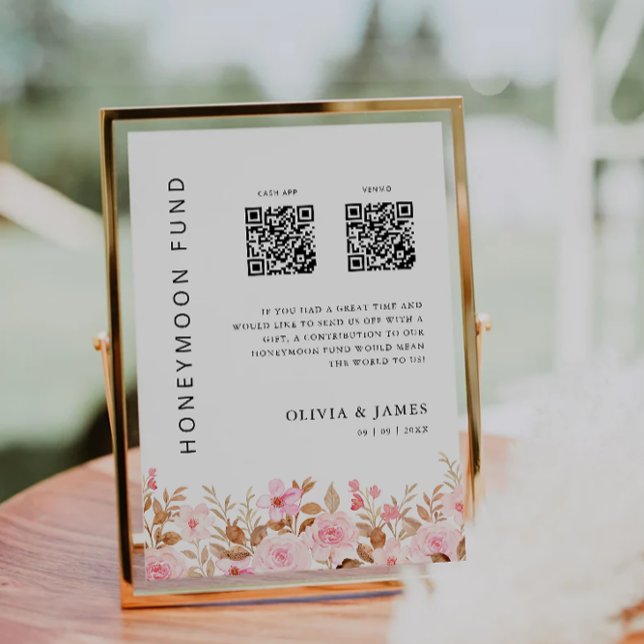 Convite Fundo Honeymoon QR Code Rosa, Casamento (Honeymoon Fund QR Code Rose, Wedding Invitation)