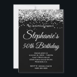 Convite Fundo Preto Sólido, Brilhante, Silver<br><div class="desc">Crie seu próprio na moda fabuloso 50º ou outro convite de celebração de aniversário milestone para ela. A parte superior do convite contém gráficos decorativos, pouco claros, brancos e prateados com brilho. O fundo é um preto de cor sólida simples... você pode mudar a opção de cor nestes convites. Os...</div>