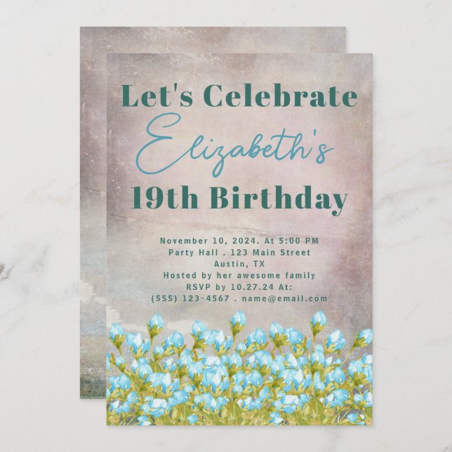 Convite Fundo Russo das Flores de Aquarela Azul (Frente/Verso)