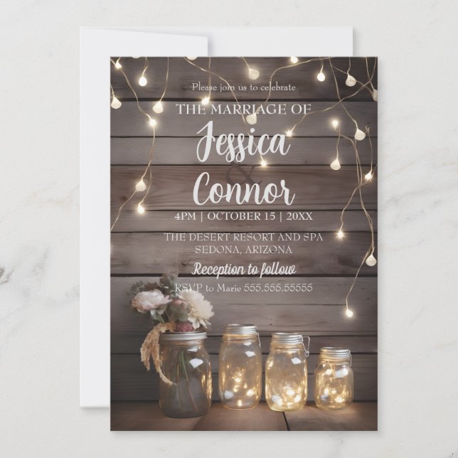 Convite Fundo Rustic Mason Jar Weding Wood Barn (Frente)