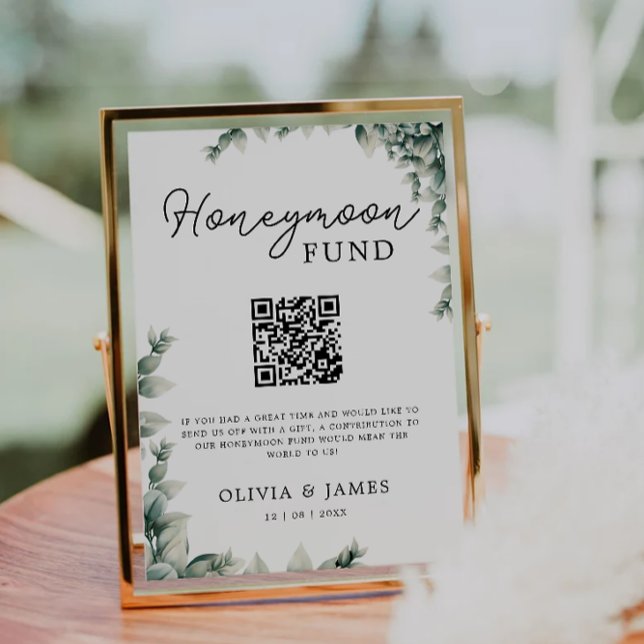 Convite Fundo Verde Lua de mel Sinal de código QR, Casamen (Greenery Honeymoon Fund QR Code Sign, Wedding Invitation)