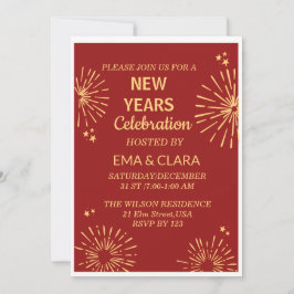 Convite Fundo Vermelho & Fogos de Artifício Feliz Ano Novo