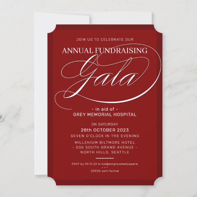 Convite FUNDRAISING GALA elegant event fancy script maroon (Frente)