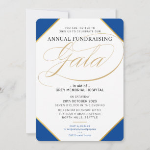 Convite FUNDRAISMO GALA evento elegante ouro azul real