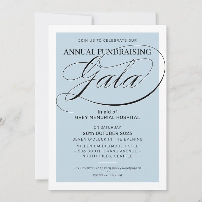 Convite FUNDRAISMO rico GALA elegante azul pálido (Frente)