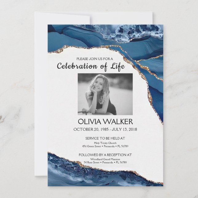 Convite Funeral Azul e Dourado Celebrando a Vida (Frente)