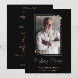 Convite Funeral Black Fake Golden Branches Photo Remember