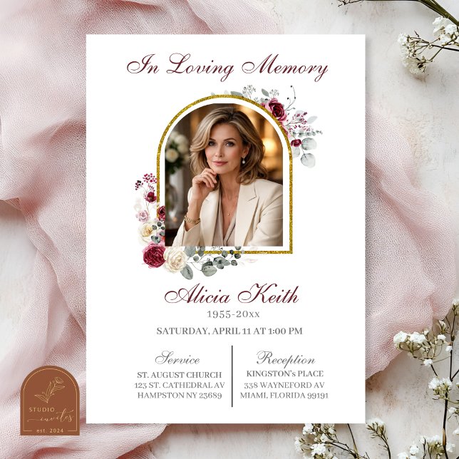Convite Funeral Blush e Burgundy com foto (Criador carregado)