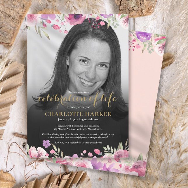 Convite Funeral de Fotografia Branca e Preta, Blush Floral (Floral Blush Pink Black and White Photo Funeral Invitation)