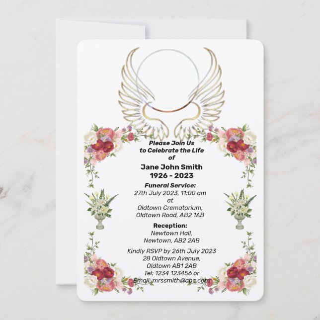 Convite Funeral de Fotografia para Asas Rosa Perso (Frente)