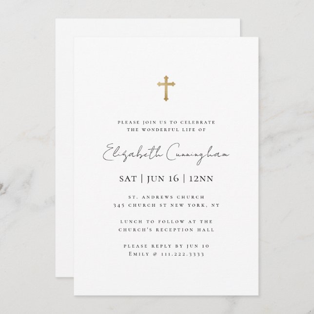 Convite Funeral Dourada Cruzada Mínima Moderna (Frente/Verso)