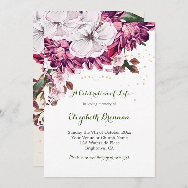 Convite Funeral Elegante Burgundy Floral (Frente/Verso)