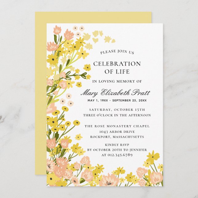 Convite Funeral Formal Amarelo Cor-de-Rosa do País Moderno (Frente/Verso)
