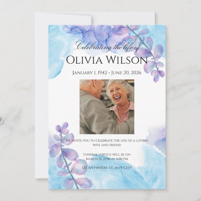 Convite Funeral Invitation Template – Blue & Purple (Frente)