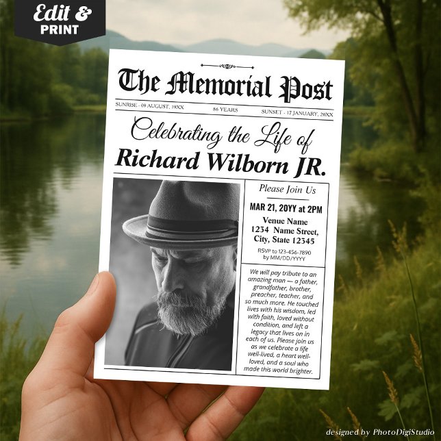 Convite Funeral Memorial Convite para Jornais (Memorial Invitation Funeral  Newspaper Invite Celebration of Life Invitation Card)