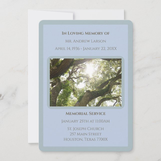 Convite Funeral Memorial Do Blue In Loving Memory Trees (Frente)