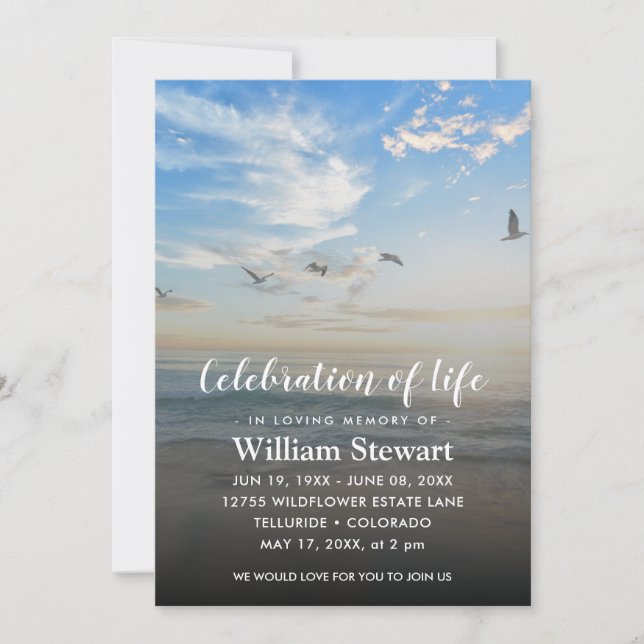 Convite Funeral Moderno | Celebração de Life Beach Sunset (Frente)