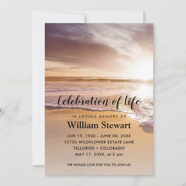 Convite Funeral Moderno | Celebração de Life Beach Sunset (Frente)