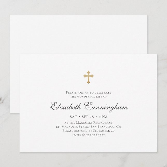 Convite Funeral Moderno Simple Faux Cruz Dourada (Frente/Verso)