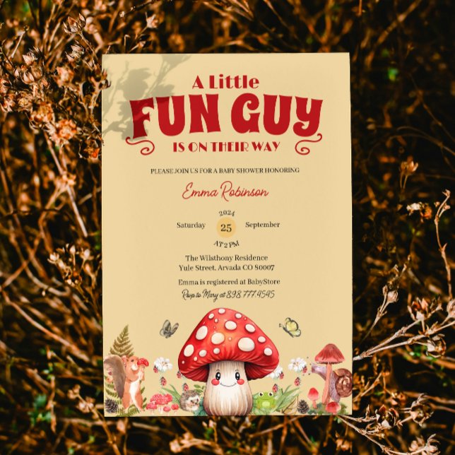 Convite Fungo Divertido Pequeno Cogumelo de Outono Churras (mushroom baby shower invitations rustic woodland forest whimsical enchanted snail forest littlefungi)