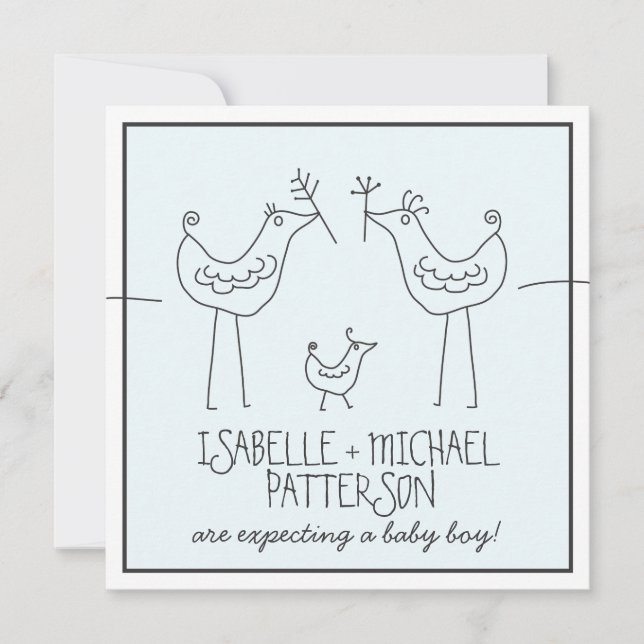 Convite Funky Birds Modern Family Casais Baby Boy Chá (Frente)