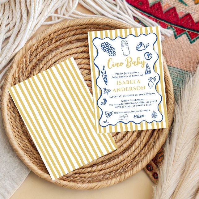 Convite Funky Ciao Baby Hand Drawn Italian Baby Shower  (Criador carregado)