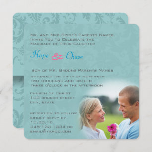 Convite Funky Damask Aqua Blue Pink Invitation