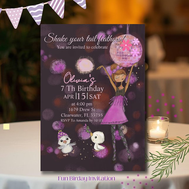 Convite Funky Disco Chicken Girl Birthday Invitation (Funky Disco Chicken Girl Birthday Invitation)