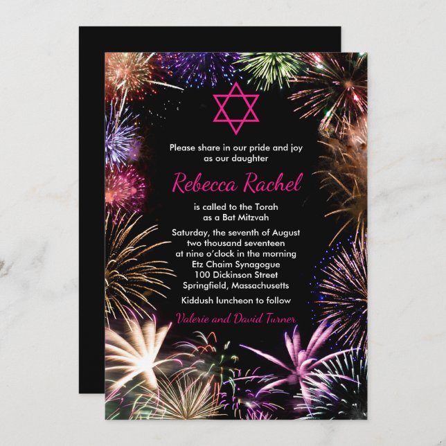 Convite Funky Fireworks Bat Mitzvah (Frente/Verso)
